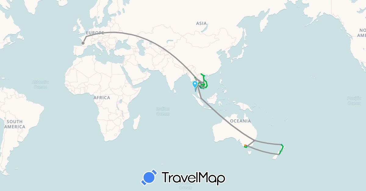 TravelMap itinerary: driving, bus, plane, train, boat, hitchhiking in Australia, France, Cambodia, New Zealand, Singapore, Thailand, Vietnam (Asia, Europe, Oceania)